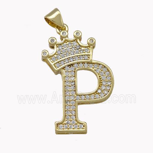 Copper Letter-P Pendant Micro Pave Zirconia Crown Gold Plated
