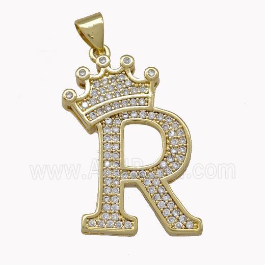Copper Letter-R Pendant Micro Pave Zirconia Crown Gold Plated