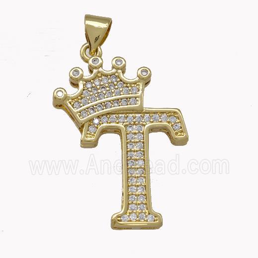 Copper Letter-T Pendant Micro Pave Zirconia Crown Gold Plated