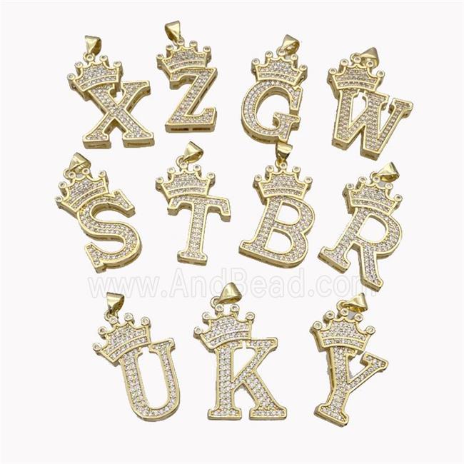 Copper Alphabet Pendant Micro Pave Zirconia Mixed Letters Crown Gold Plated