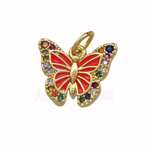 Copper Butterfly Pendant Pave Zirconia Red Painted Gold Plated