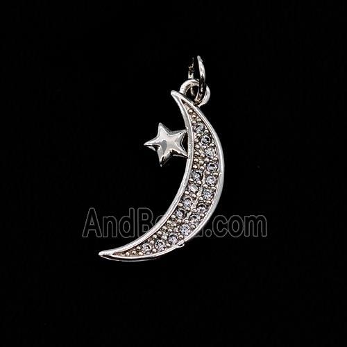 Copper Moon Pendant Pave Zirconia Star Shiny Silver