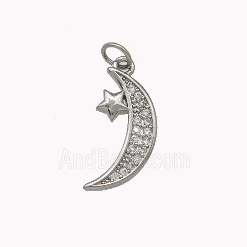 Copper Moon Pendant Pave Zirconia Star Platinum Plated