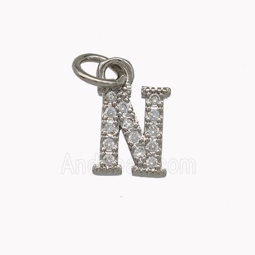 Copper Letter-N Pendant Pave Zirconia Platinum Plated