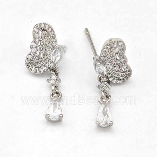 Copper Butterfly Earrings Stud Pave Zirconia Platinum Plated