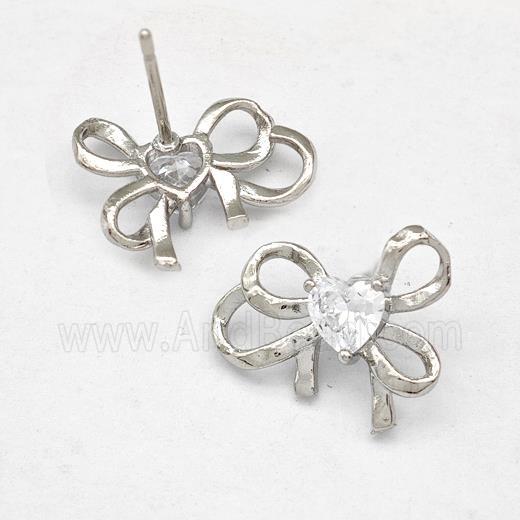 Copper Bow Earrings Stud Pave Zirconia Platinum Plated