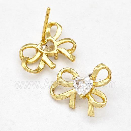 Copper Bow Earrings Stud Pave Zirconia Gold Plated