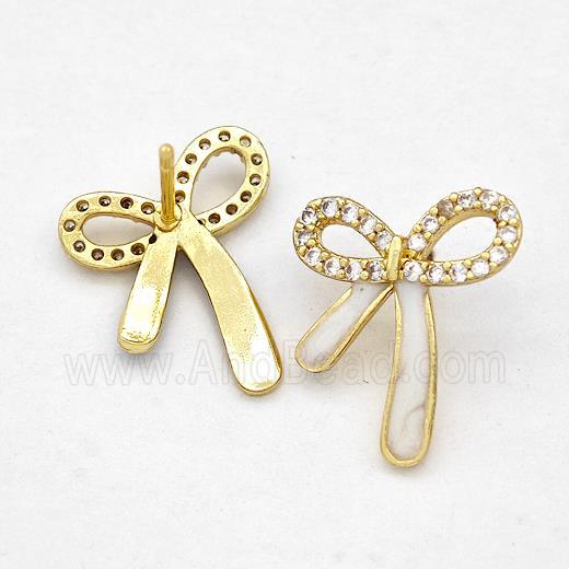 Copper Bow Earrings Stud Pave Zirconia White Enamel Gold Plated