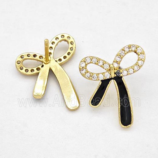 Copper Bow Earrings Stud Pave Zirconia Black Enamel Gold Plated