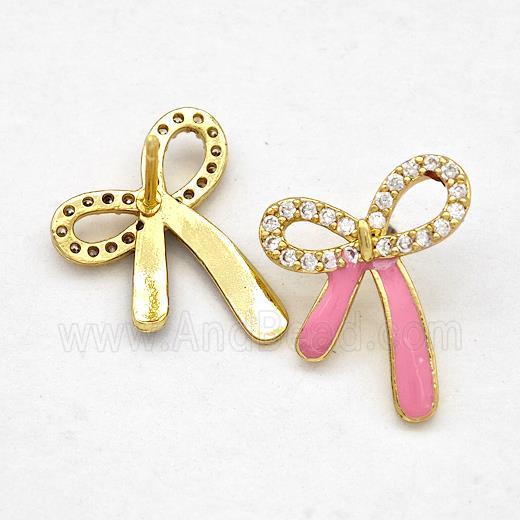 Copper Bow Earrings Stud Pave Zirconia Pink Enamel Gold Plated