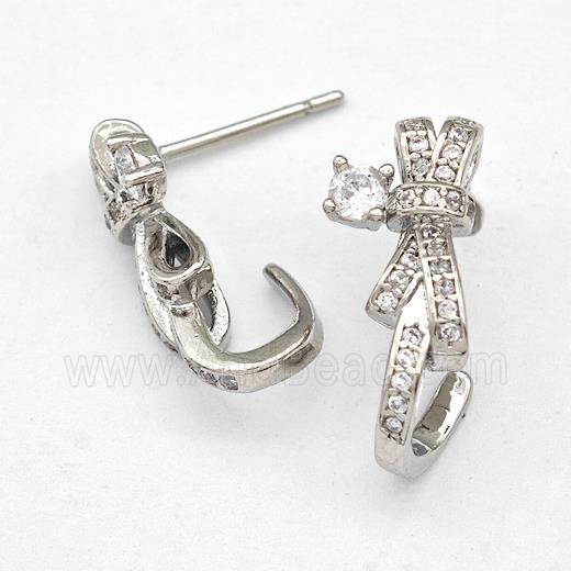 Copper Bow Earrings Stud Pave Zirconia Platinum Plated