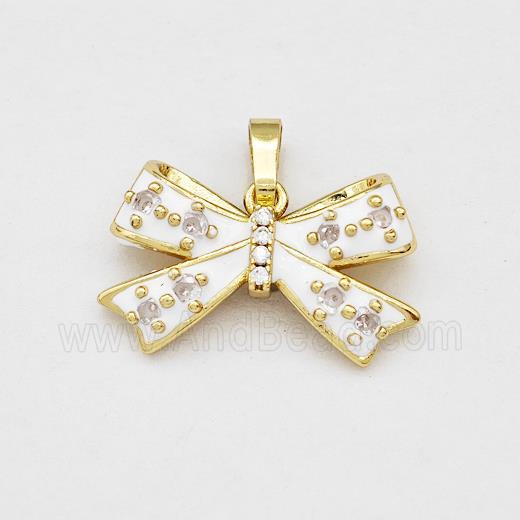 Copper Bow Pendant Pave Zirconia White Enamel Gold Plated