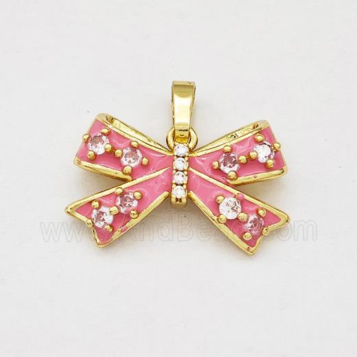 Copper Bow Pendant Pave Zirconia Pink Enamel Gold Plated