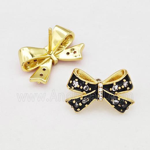 Copper Bow Stud Earrings Pave Zirconia Black Enamel Gold Plated