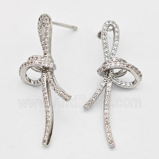 Copper Bow Stud Earrings Pave Zirconia Platinum Plated