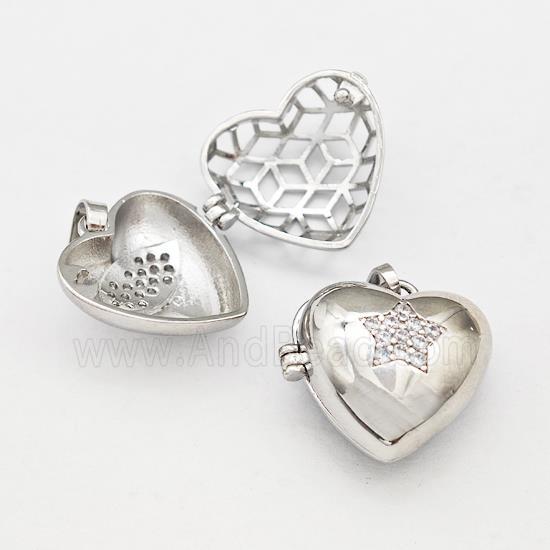 Copper Heart Locket Pendant Pave Zirconia Star Platinum Plated