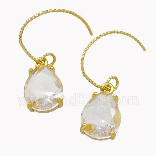 Copper Hook Earrings With Clear Crystal Glass Teardrop Gold Plated