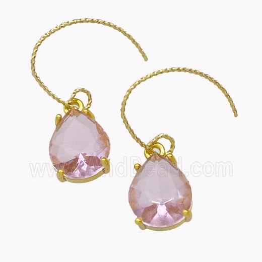 Copper Hook Earrings With Pink Crystal Glass Teardrop Gold Plated