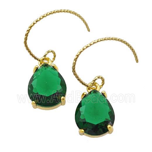 Copper Hook Earrings With Green Crystal Glass Teardrop Gold Plated