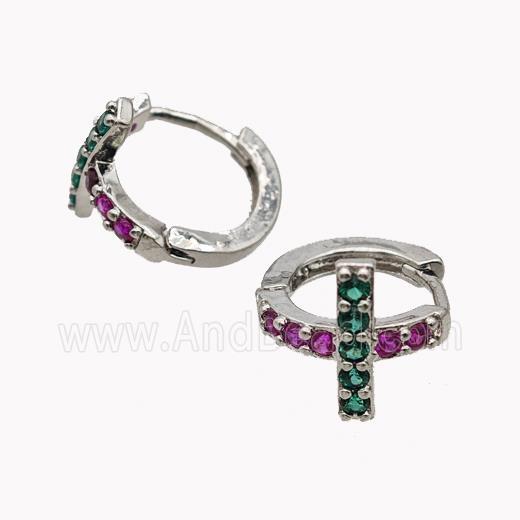Copper Cross Hoop Earrings Pave Zirconia Platinum Plated