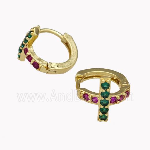 Copper Cross Hoop Earrings Pave Zirconia Gold Plated