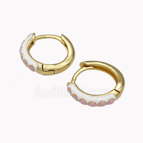 Copper Hoop Earrings Pink White Enamel Gold Plated