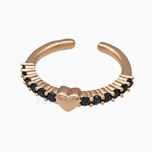 Copper Rings Pave Black Zirconia Heart Rose Gold