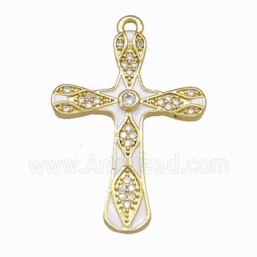 Copper Cross Pendant Pave Zirconia White Enamel Gold Plated