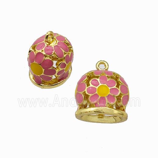 Copper Bell Pendant Daisy Pink Enamel Gold Plated
