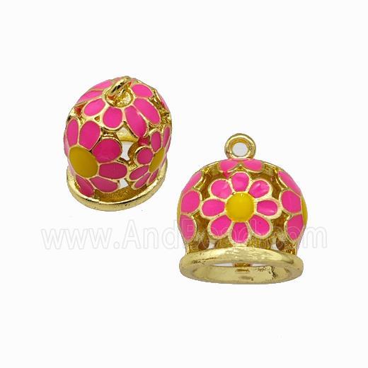 Copper Bell Pendant Daisy Pink Enamel Gold Plated