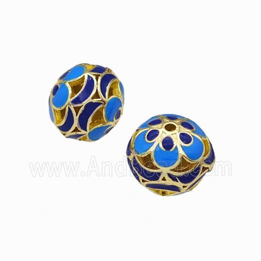 Copper Rondelle Beads Blue Enamel Hollow Gold Plated