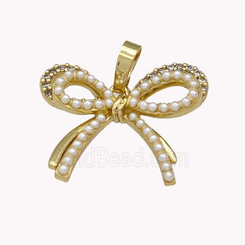Copper Bow Pendant Pave Zirconia Pearlized Resin Gold Plated