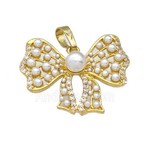 Copper Bow Pendant Pave Zirconia Pearlized Resin Gold Plated