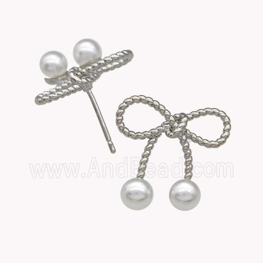 Copper Bow Stud Earrings Pave Pearlized Resin Platinum Plated