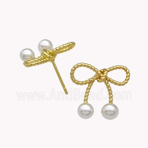 Copper Bow Stud Earrings Pave Pearlized Resin Gold Plated