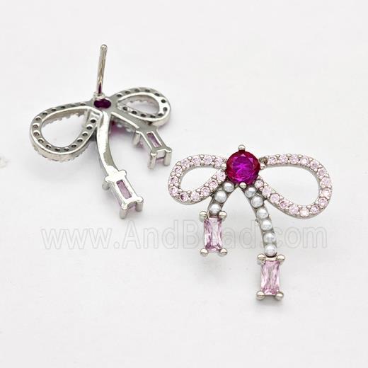Copper Bow Stud Earrings Pave Zirconia Pearlized Resin Platinum Plated