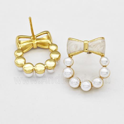Copper Bow Stud Earrings Pave Pearlized Resin White Painted Gold Plated