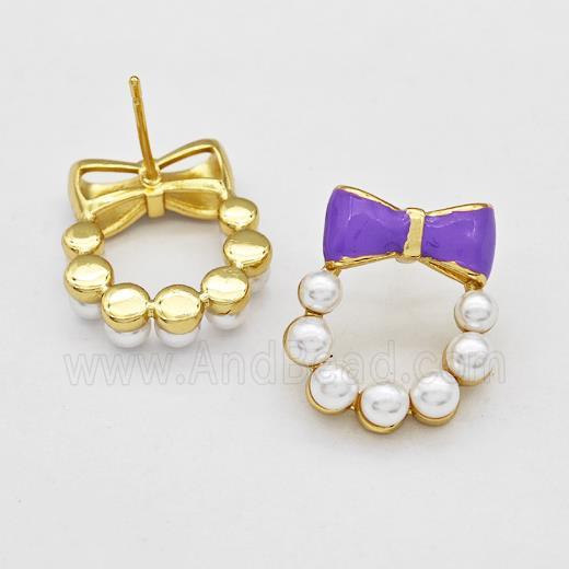 Copper Bow Stud Earrings Pave Pearlized Resin Purple Painted Gold Plated