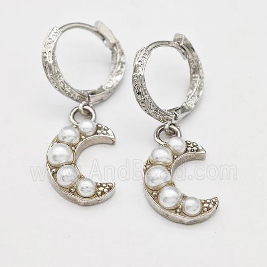 Copper Hoop Earrings Moon Pave Pearlized Resin Platinum Plated