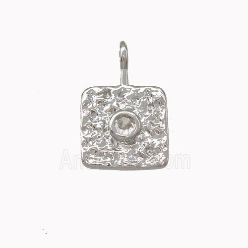 Copper Square Pendant Pave Zirconia Hammered Platinum Plated
