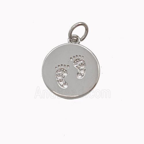 Copper Coin Pendant Pave Zirconia Foot Print Platinum Plated