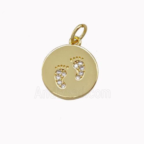 Copper Coin Pendant Pave Zirconia Footprints Gold Plated