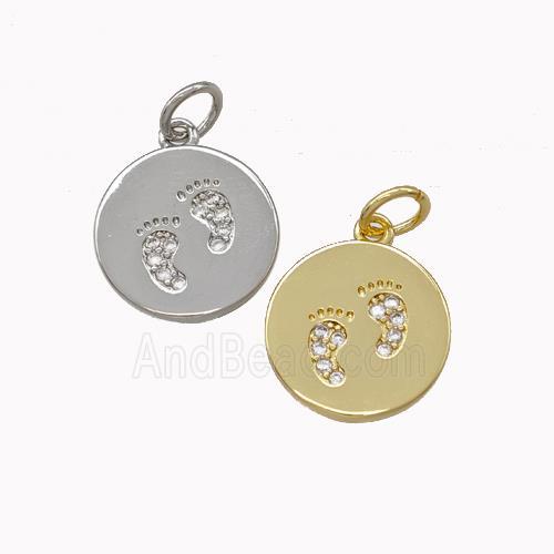 Copper Coin Pendant Pave Zirconia Footprints Mixed