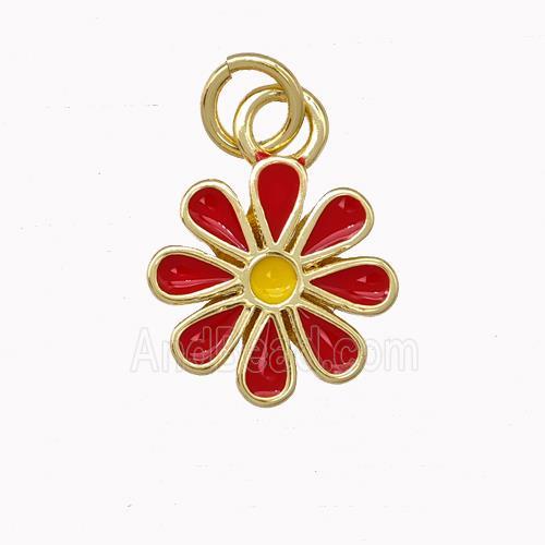 Copper Daisy Flower Pendant Red Enamel Gold Plated