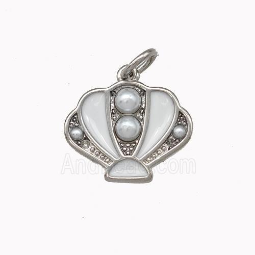 Scallop shell Charms Copper Pendant Pave Pearlized Resin White Enamel Platinum Plated
