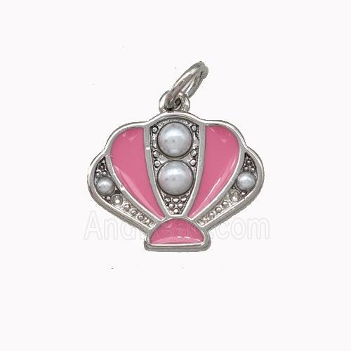Scallop shell Charms Copper Pendant Pave Pearlized Resin Pink Enamel Platinum Plated
