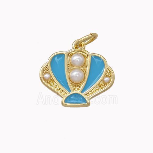 Scallop shell Charms Copper Pendant Pave Pearlized Resin Blue Enamel Gold Plated