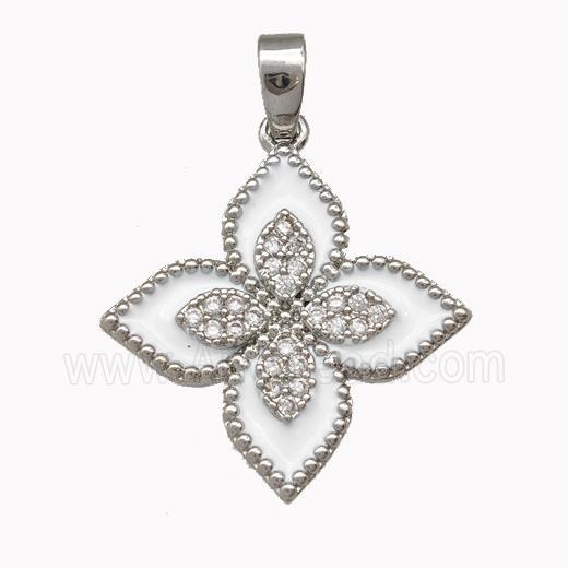 Copper Clover Pendant Micro Pave Zirconia White Enamel Platinum Plated
