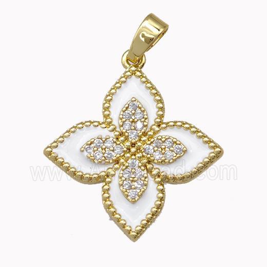 Copper Clover Pendant Micro Pave Zirconia White Enamel Gold Plated