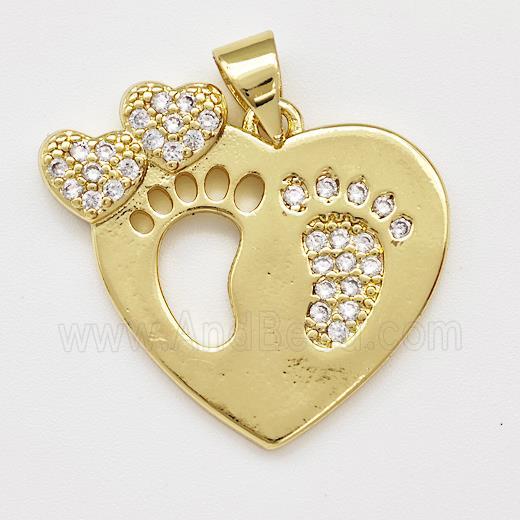 Copper Heart Pendant Micro Pave Zirconia Footprints Gold Plated